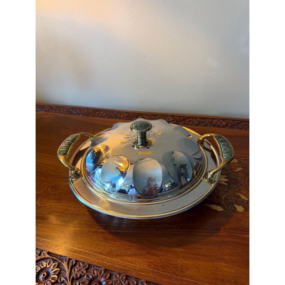 Vintage Italian INOX‎ Stainless Steel Covered Dish, 24kt Gold Floral Accents 10"